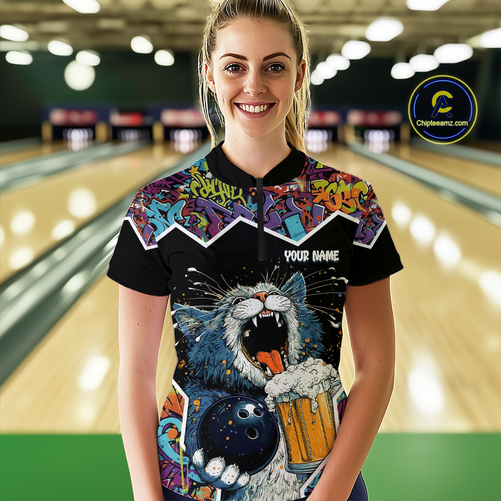 Custom Funny Cat Beer Bowling Jersey for Women Polo & 1/4 Zip Bowling Team Shirts HNT146