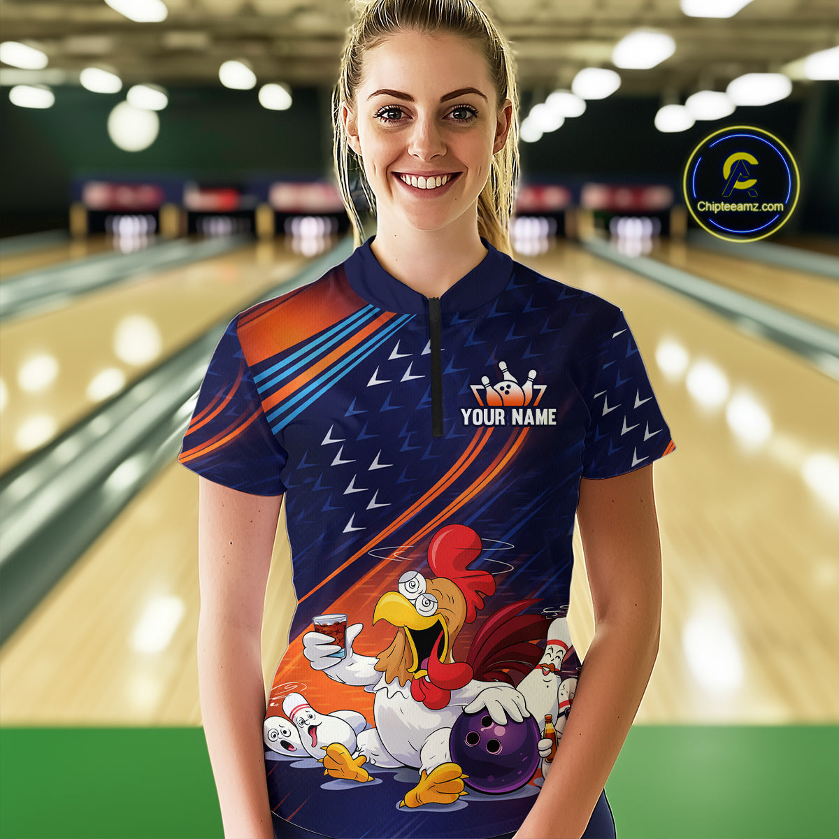 Funny Chicken Polo Bowling Shirt for Women Custom Bowling Jersey 1/4 Zip Bowling Outfit QZT826