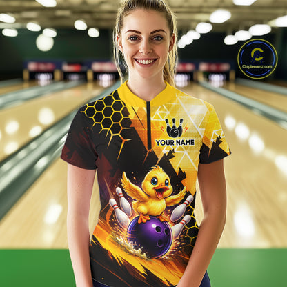 Custom Funny Duck Bowling Team Shirt for Women Yellow Bowling League Jersey Polo & 1/4 Bowling Outfit  QZT958