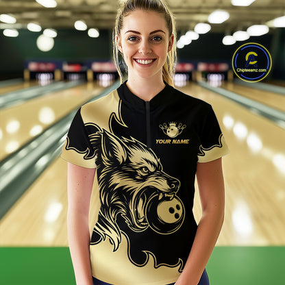 Gold Wolf Bowling Shirts for Team Women Men Custom Wolf Bowling Polo & Quarter Zip MBL194