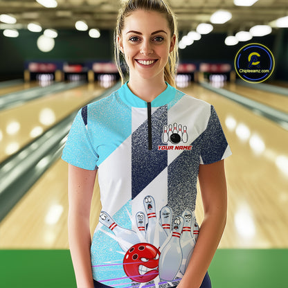 Blue Bowling Shirts for Team Women Men Custom Bowling Polo and 1/4 Zip Shirt MBL226