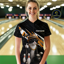 Load image into Gallery viewer, Custom Orange Funny Cat Bowling Jersey for Women Bowling Shirt Polo &amp; 1/4 Zip Bowling Team Shirts HNT136