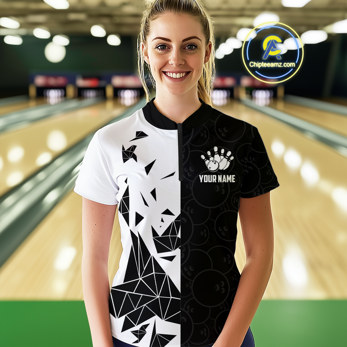 Black & White Bowling Shirts for Women Men Custom Team Bowling Polo&1/4 Zip Shirt MBL174