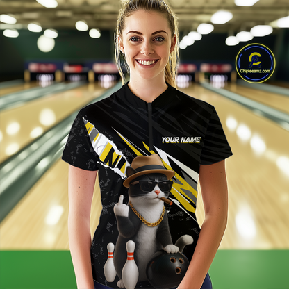 Custom Yellow Funny Cat Bowling Jersey for Women Bowling Shirt Polo & 1/4 Zip Bowling Team Shirts HNT136