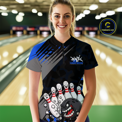 Custom Blue Funny Bowling Shirt Crazy Bowling Jersey Women Polo & 1/4 Zip Bowling Outfit QZT785