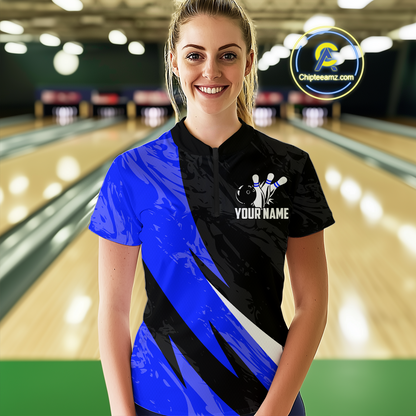 Custom Blue Bowling Custom Women Bowling Shirt Polo & Quarter-Zip Bowling Team Jerseys HNT75