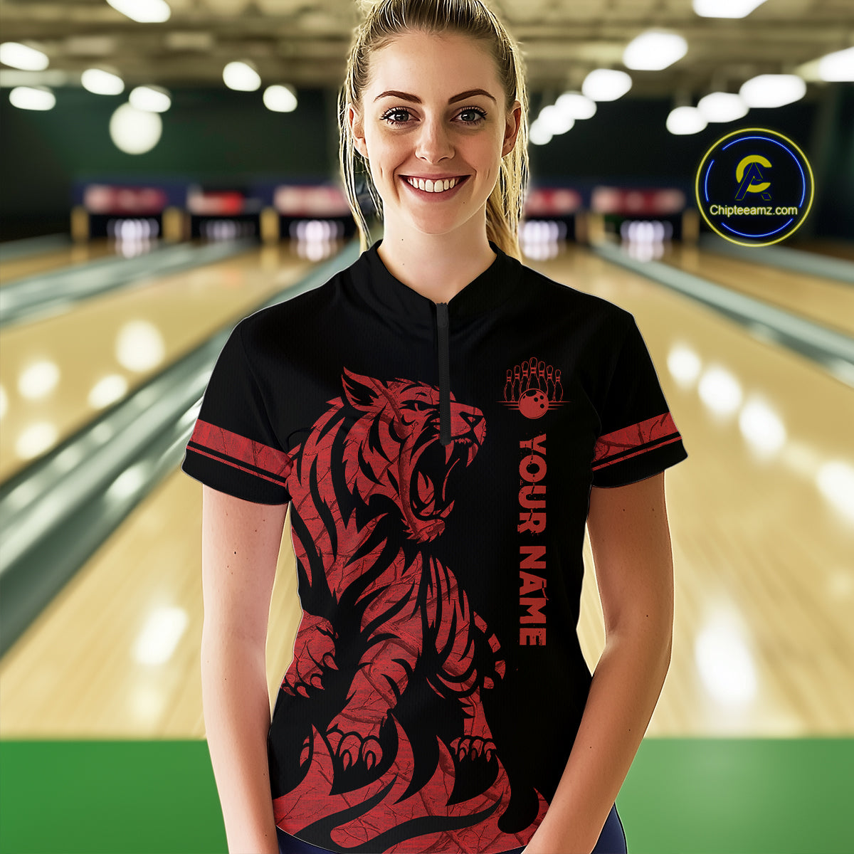 Red Tiger Bowling Shirts for Team Men Women Custom Bowling Jersey Polo & Quarter Zip Shirt MBL188