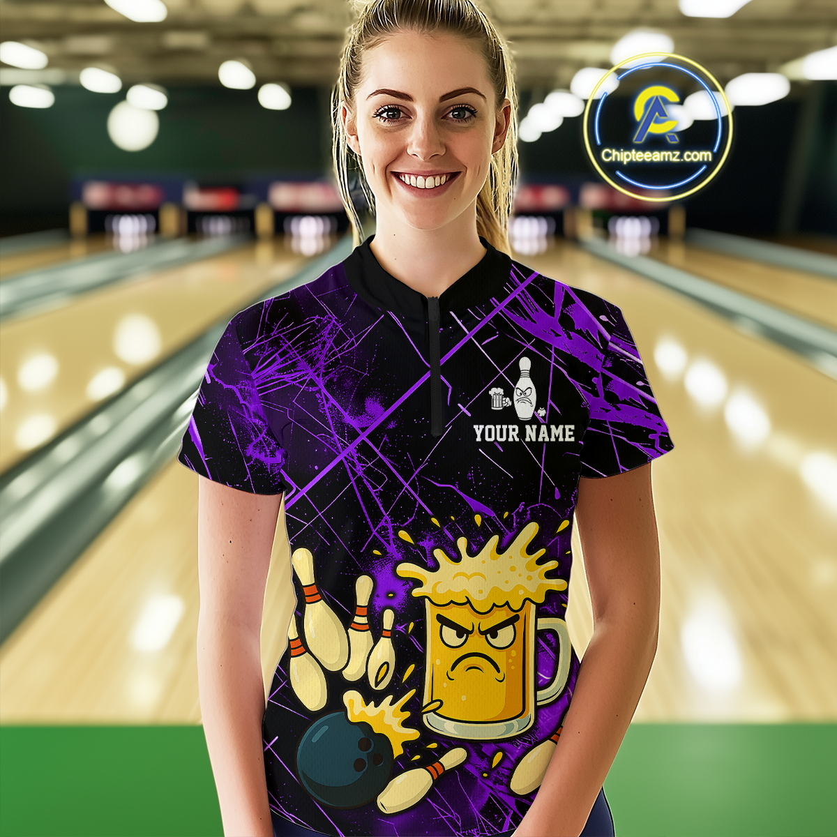 Custom Purple Funny Beer Bowling Shirt Team Bowling League Jersey for Women Bowling Outfit QZT767
