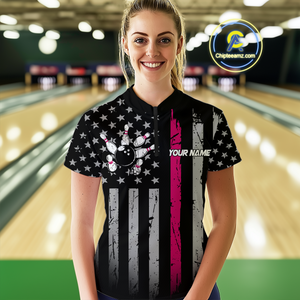 Custom Pink US Flag Eagle Bowling Jersey for Women Bowling Uniform Polo & 1/4 Zip Bowling Team Shirts HNT119