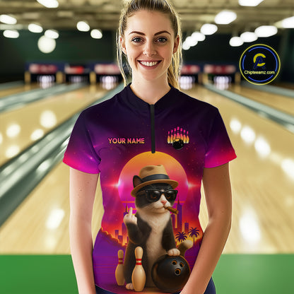 Custom Funny Cat Bowling Jersey for Women Bowling League Polo & 1/4 Zip Bowling Team Shirts HNT142