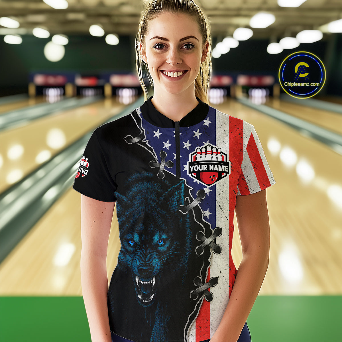 Patriotic Wolf Bowling Shirts for Team Men Women Wolf Bowling Jerseys American Flag MBL203