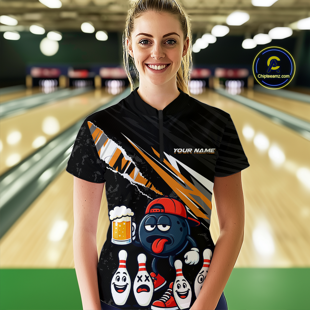 Custom Orange Beer Bowling Jersey for Women Bowling Team Shirts Bowling Uniform Polo & 1/4 Zip HNT133
