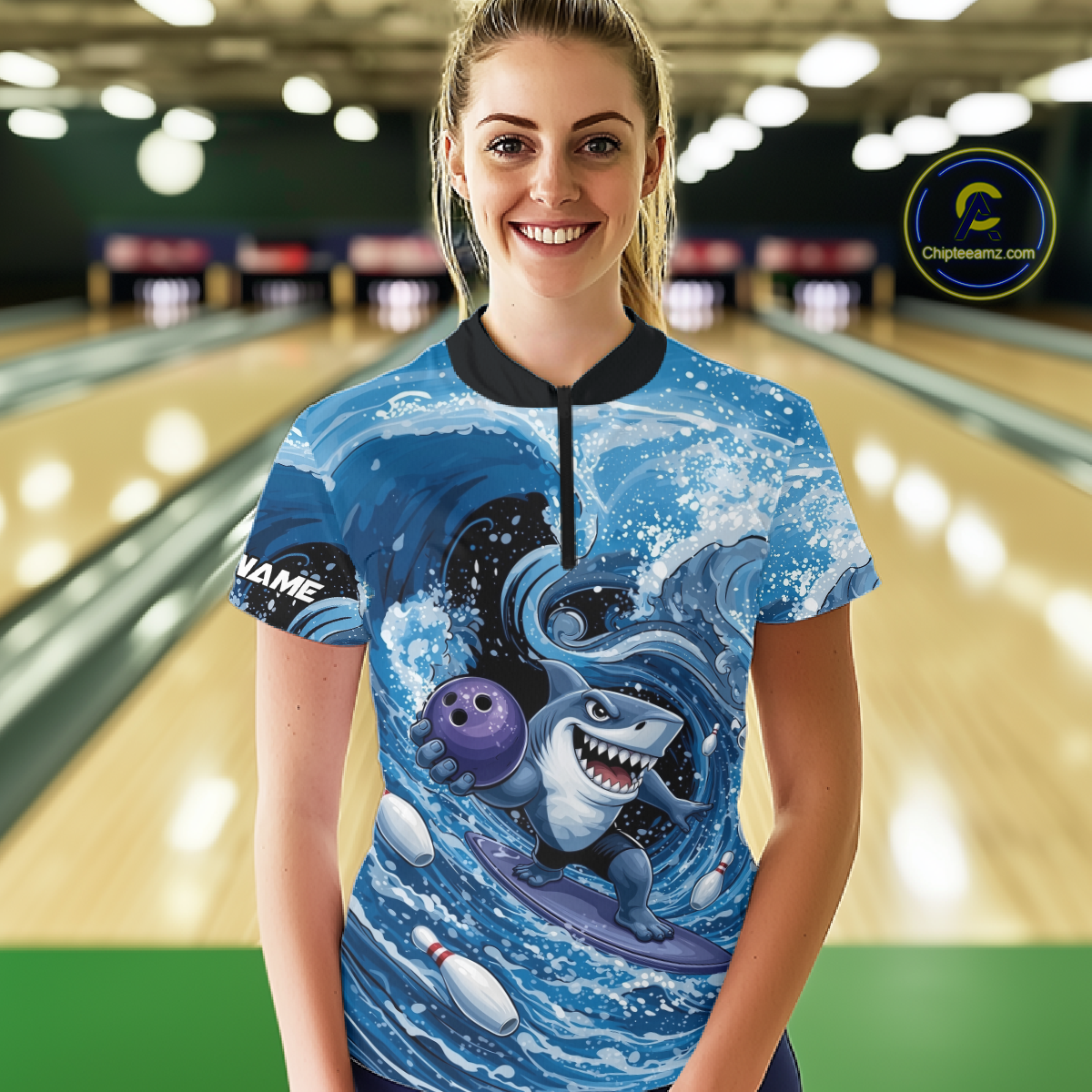 Funny Surfing Shark Bowling Team Shirts Custom Bowling Jersey for Women Polo & 1/4 Zip HNT547