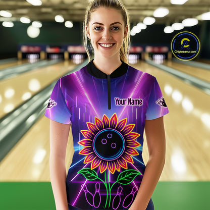 Custom Neon Lightning Sunflower Bowling Shirt Bowling Team Jersey for Women Bowling Polo QZT770