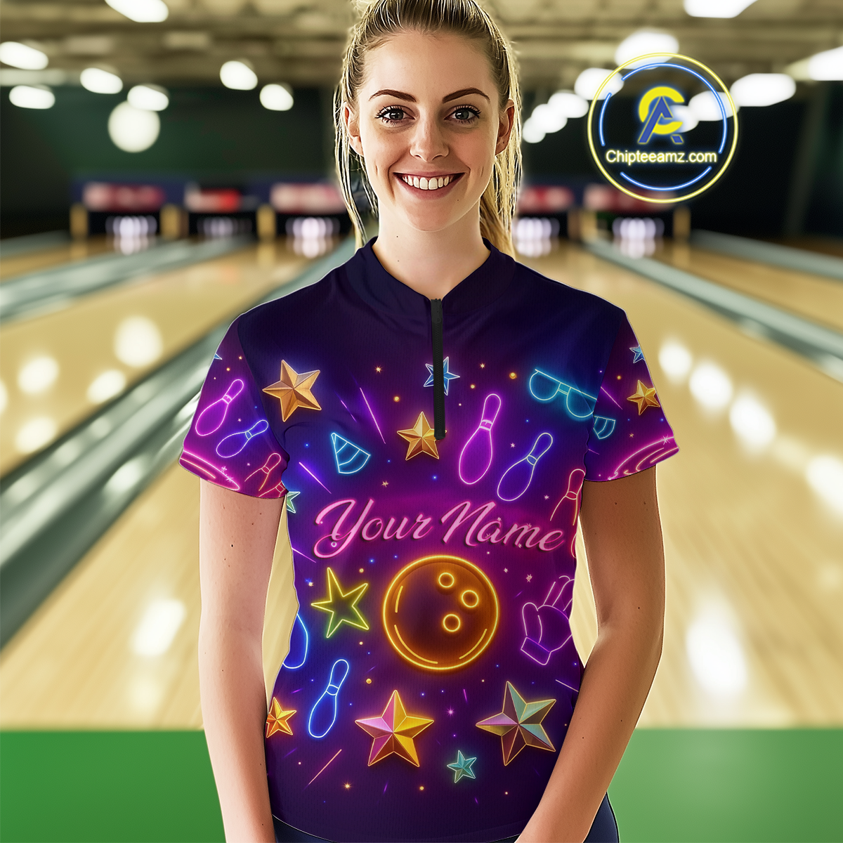Custom Neon Bowling Shirt Polo & Quarter-Zip Shirts for Women Gift Bowling Jersey League QZT744