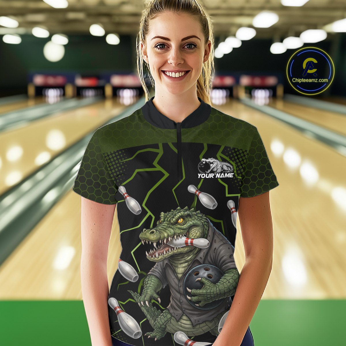 Custom Alligator Bowling Team Shirts Bowling Jersey for Women Bowling Outfit Polo & 1/4 Zip HNT548