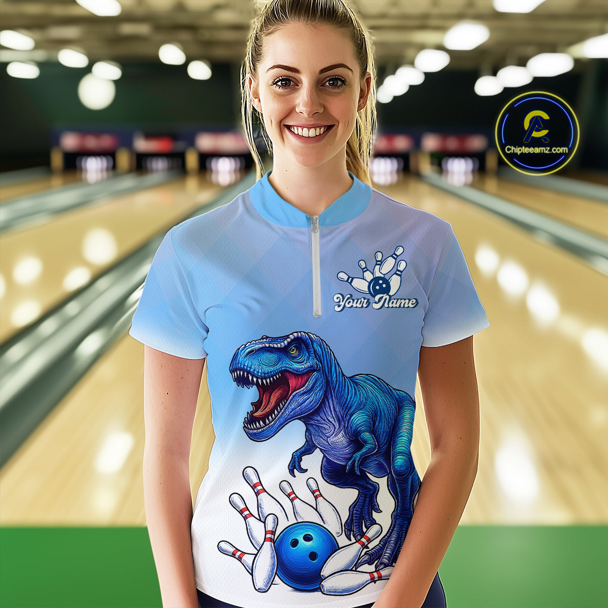 Blue Dinosaur Bowling Shirts for Men Women Custom Team Bowling Jerseys Polo and Zip Shirt MBL162