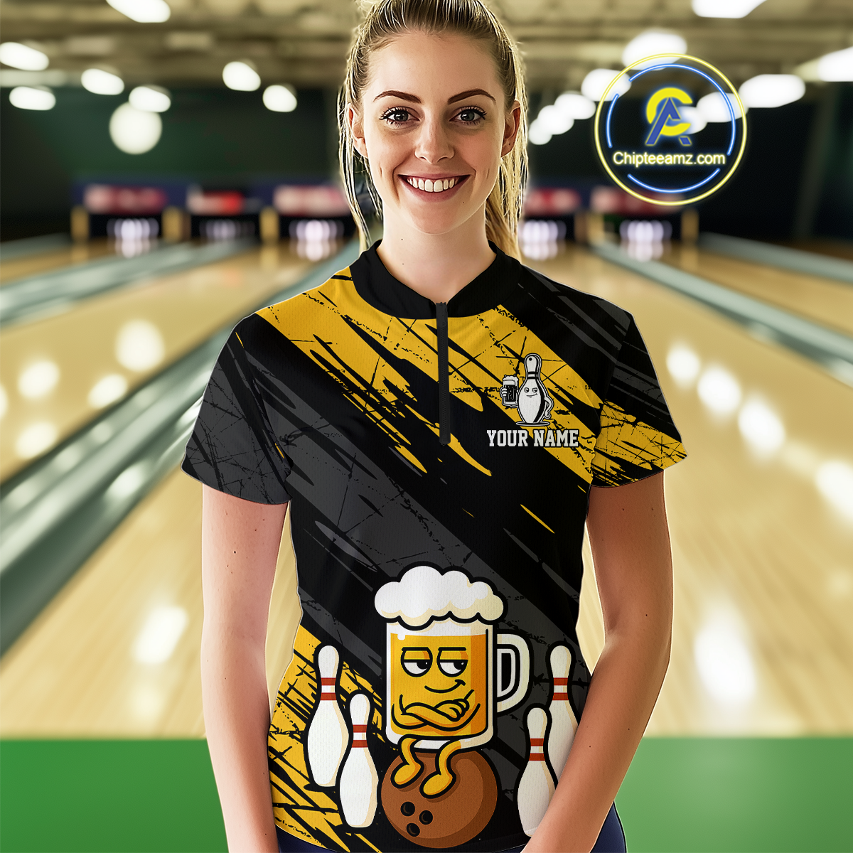 Custom Funny Beer Bowling Jersey for Women Bowling Uniform Polo & 1/4 Zip Bowling Team Shirts HNT107