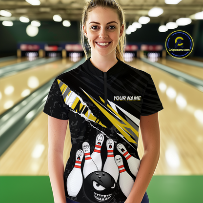Custom Yellow Funny Bowling Jersey for Women Bowling Uniform Polo & 1/4 Zip Bowling Team Shirts HNT128