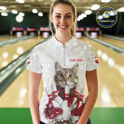 Custom Funny Cat Christmas Bowling Jersey for Women Polo & 1/4 Zip Bowling Team Shirts HNT145