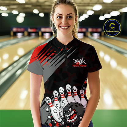 Custom Red Funny Bowling Shirt Crazy Bowling Jersey Women Polo & 1/4 Zip Bowling Outfit QZT785