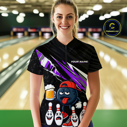 Custom Purple Beer Bowling Jersey for Women Bowling Team Shirts Bowling Uniform Polo & 1/4 Zip HNT133