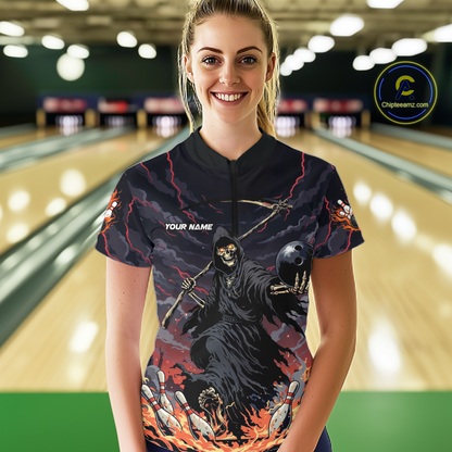 Custom Grim Reaper Flame Bowling Jersey for Women Bowling Team Shirts Polo & 1/4 Zip HNT193
