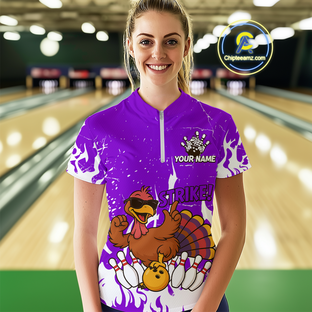 Custom Purple Funny Turkey Bowling Jersey for Women Thanksgiving Bowling Team Shirts HNT115