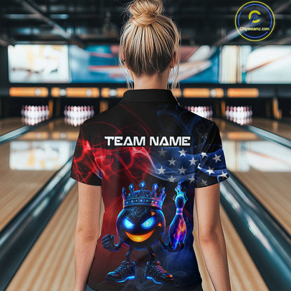 Custom American Flag Bowling Shirt Hero Bowling Ball Pin Polo & 1/4 Zip Bowling Jersey for Women QZT800