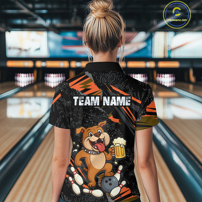 Custom Orange Funny Bulldog & Beer Bowling Shirt Women Bowling Team Jersey League Polo & 1/4 Zip QZT812