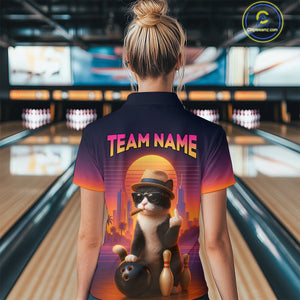 Custom Funny Cat Bowling Jersey for Women Bowling Uniform Polo & 1/4 Zip Bowling Team Shirts HNT114