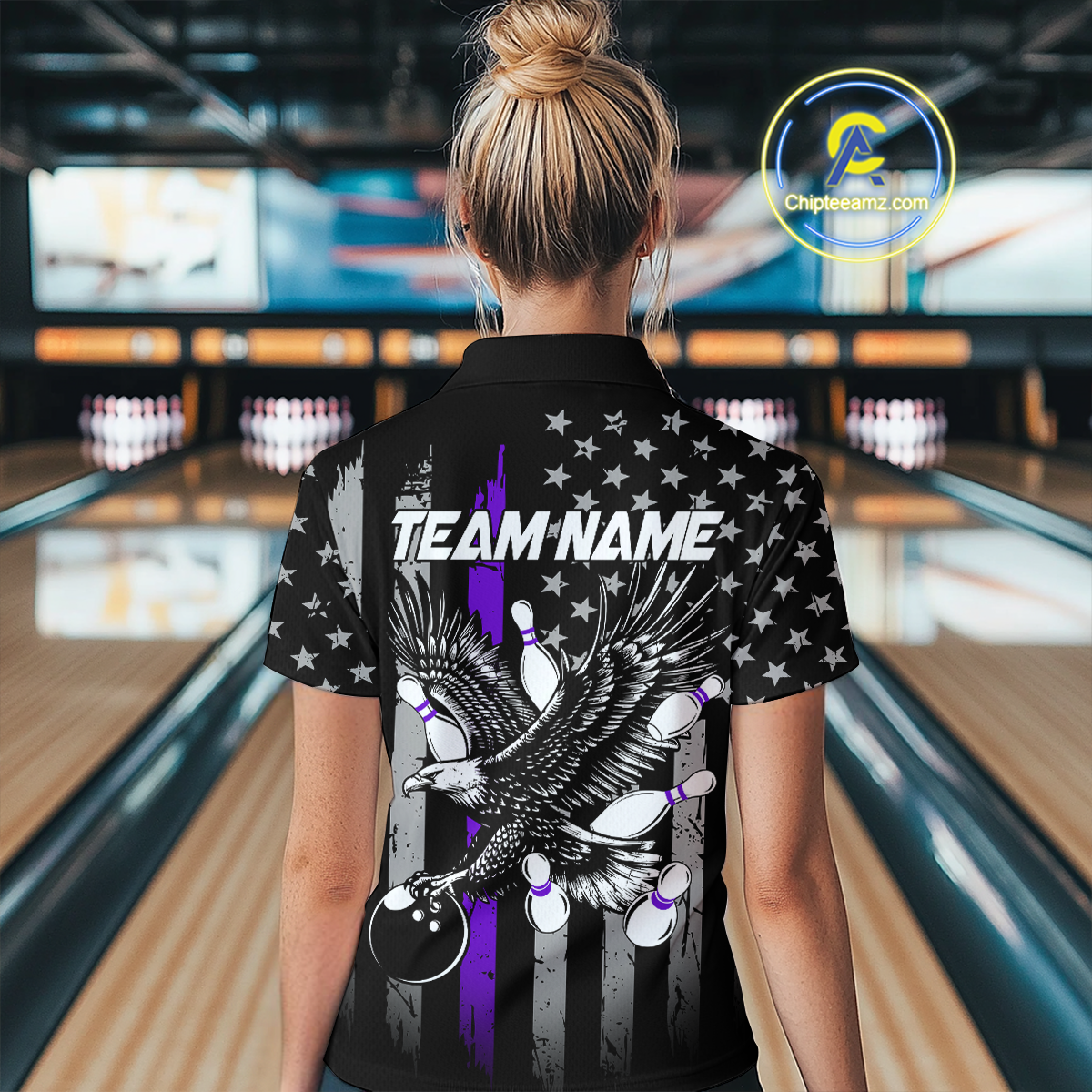 Custom Purple US Flag Eagle Bowling Jersey for Women Bowling Uniform Polo & 1/4 Zip Bowling Team Shirts HNT119