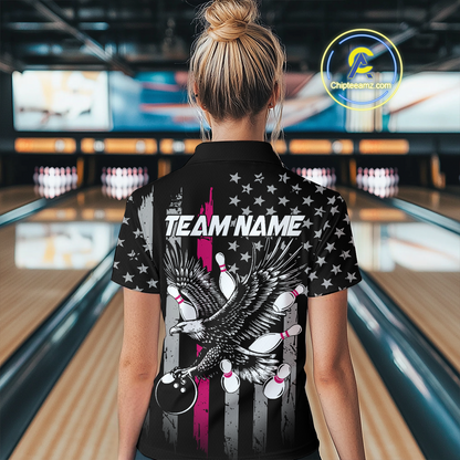 Custom Pink US Flag Eagle Bowling Jersey for Women Bowling Uniform Polo & 1/4 Zip Bowling Team Shirts HNT119
