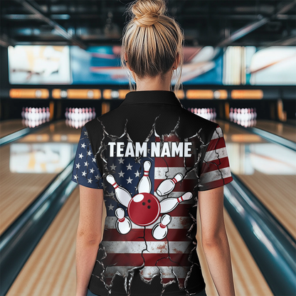 Custom US Flag Bowling Jersey for Women Bowling Team Shirts Bowling Uniform Polo & 1/4 Zip HNT161