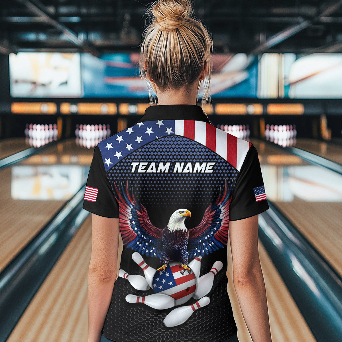 Woman wearing custom american flag with eagle bowling quarter-zip shirt, back view mockup, personalized bowling league jersey.
