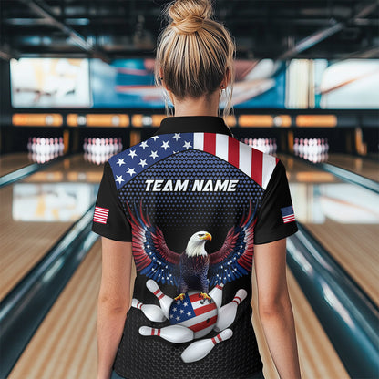 Woman wearing custom american flag with eagle bowling quarter-zip shirt, back view mockup, personalized bowling league jersey.