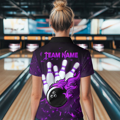 Personalized Purple Bowling Jersey Men Women Flame Bowling Quarter-Zip Shirt Bowling Shirt BDT424