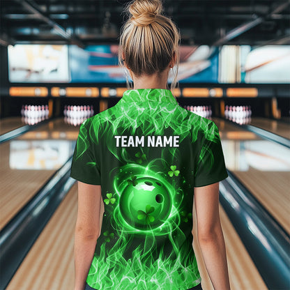 Personalized St Patrick Day Funny Flaming Bowling Shirt Women Team Polo & 1/4 Zip Shirts HNT13