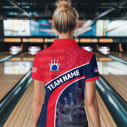 Personalized US Flag Bowling Jersey for Women Bowling Gifts Bowling Team Jersey with Name Polo & 1/4 Zip HNT28