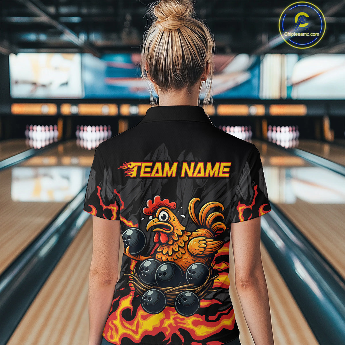 Personalized Chicken Bowling Shirt Orange Flame Bowling Team League for Women Bowling Jersey QZT706