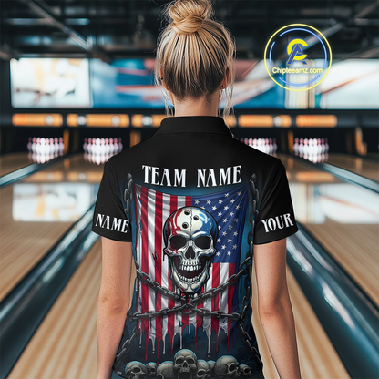 US Flag Skull Bowling Custom Women Bowling Shirt Polo & Quarter-Zip Bowling Team Shirts HNT74