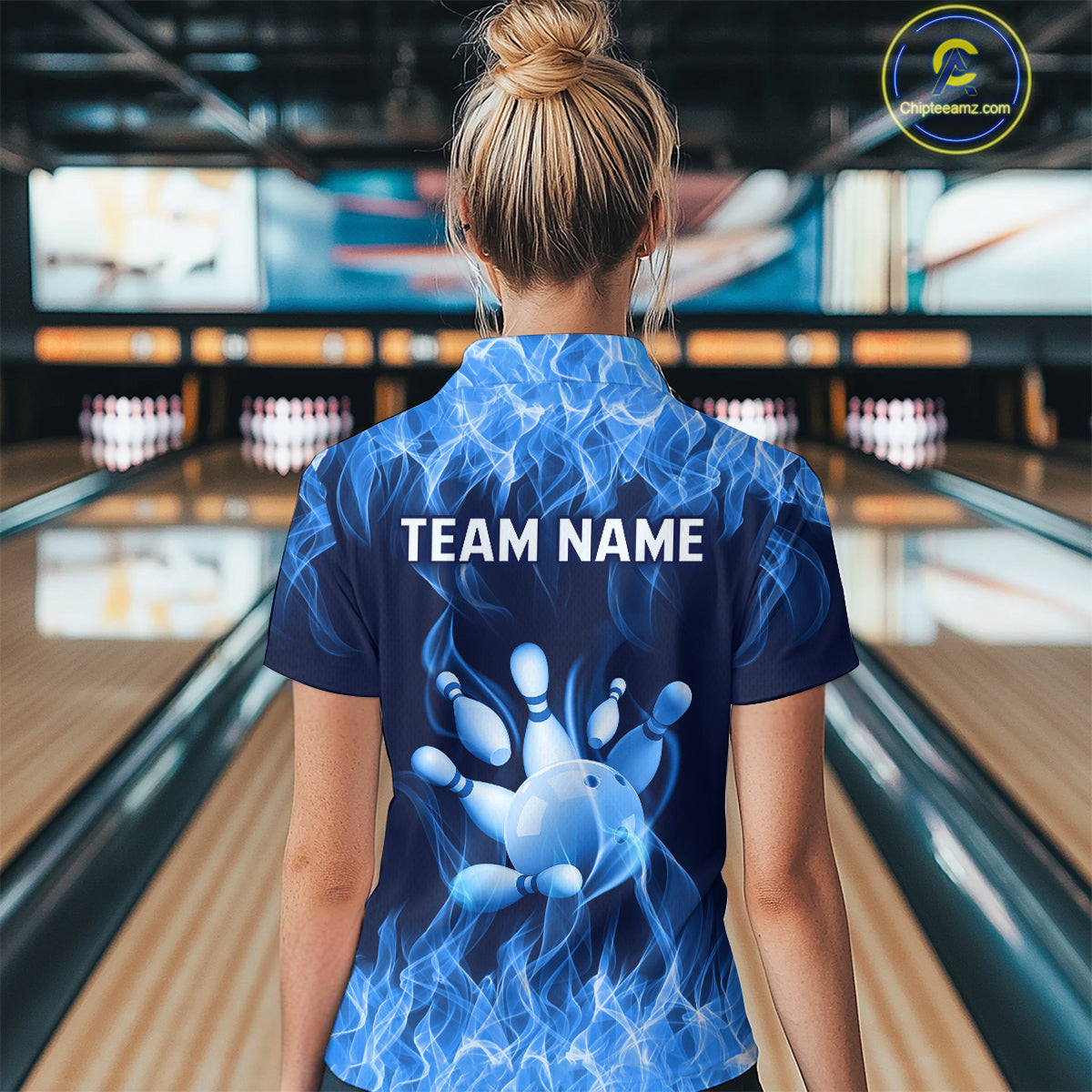 Custom Blue Flame Bowling Jersey for Women Polo & 1/4 Zip Bowling Team Shirts Bowling League HNT150