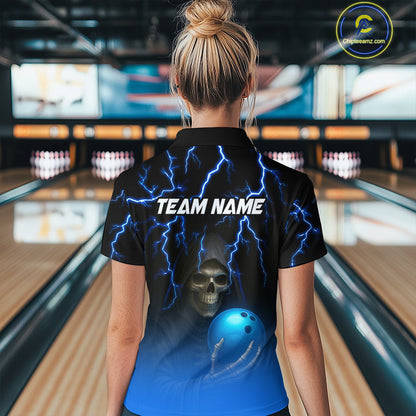 Custom Blue Thunder Skeleton Bowling Jersey for Women Bowling Polo & 1/4 Zip Bowling Team Shirts HNT108