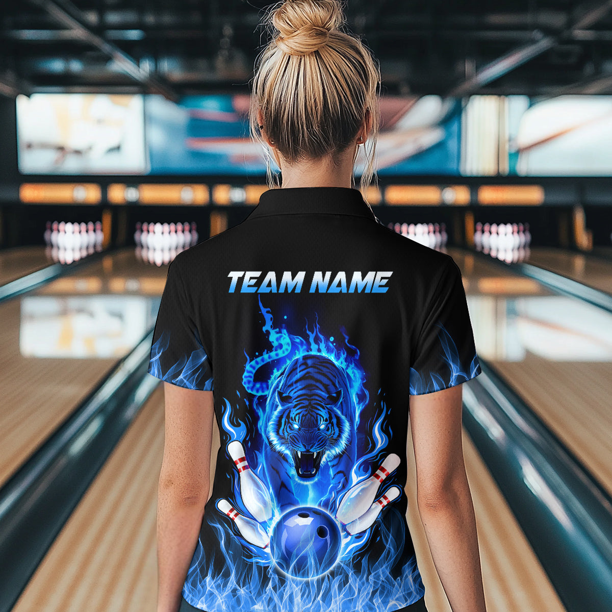 Blue Flaming Tiger Bowling Custom Women Bowling Polo & Quarter-Zip Bowling Team Jerseys HNT46