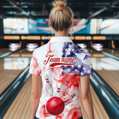 American Flag Smoke Bowling Shirt for Women Custom Polo & Quarter-Zip Team Bowling Jersey with Team HNT21