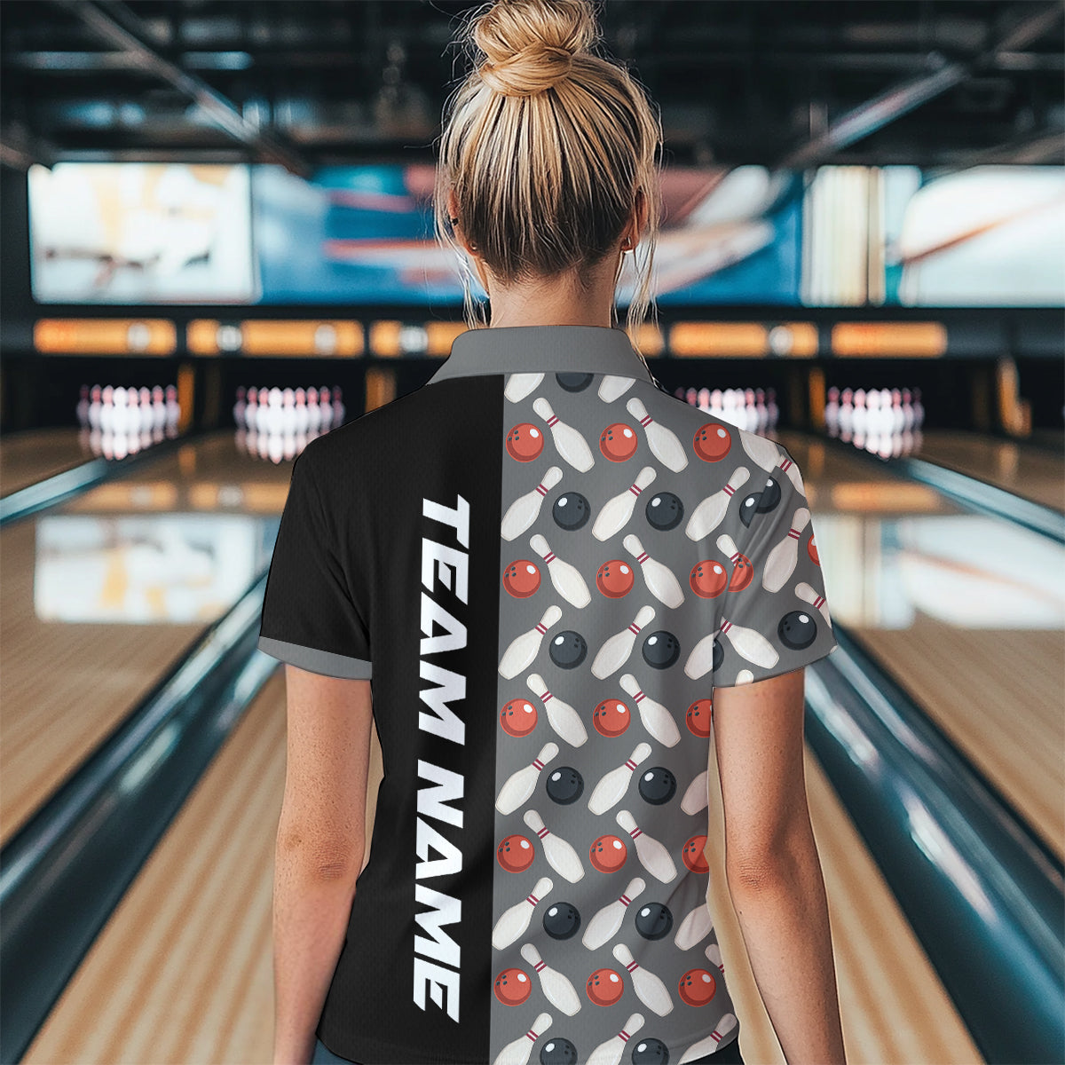 Dark Grey Bowling Pattern Custom Women Bowling Polo & Quarter-Zip Shirts Bowling Team Jerseys HNT45