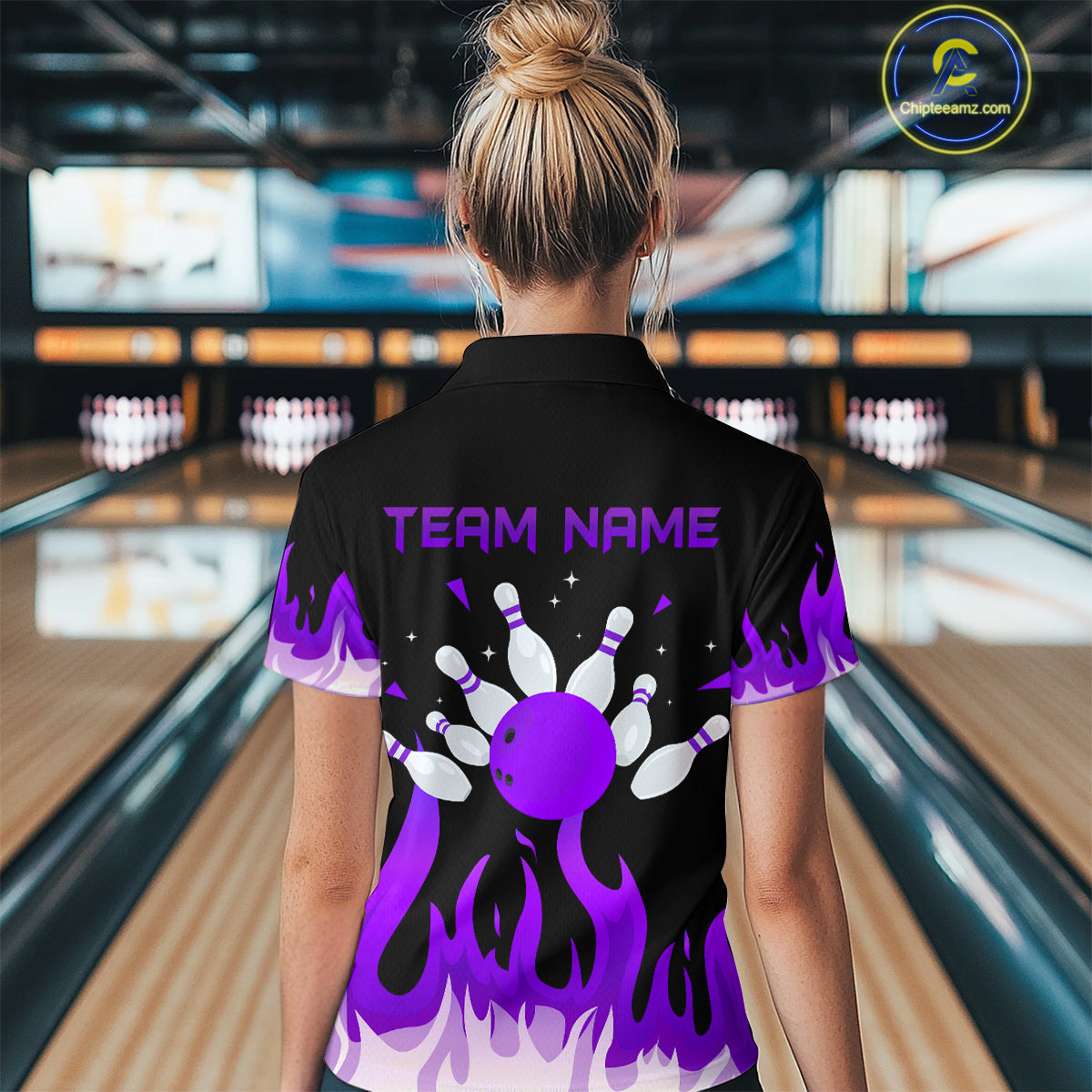 Custom Purple Flame Bowling Shirts for Women Polo & Quarter-Zip Bowling Team Jerseys HNT82