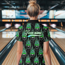 Load image into Gallery viewer, Black Bowling Ball Camo Green Flame Bowling Polo, 1/4 Zip Shirt for Women Custom Bowling Team Jersey NQS9479