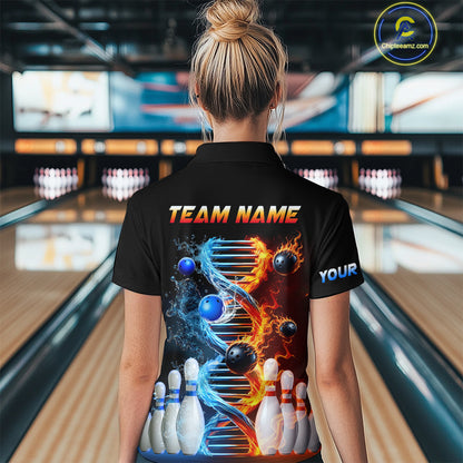 Woman wearing custom ice and fire DNA bowling 1/4 zip shirt, back view mockup, personalized bowling league jersey.