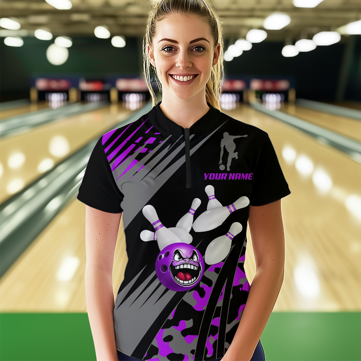Personalized Purple Crazy Bowling Shirt Quarter-Zip Bowling Jersey Bowling Outfit QZT609